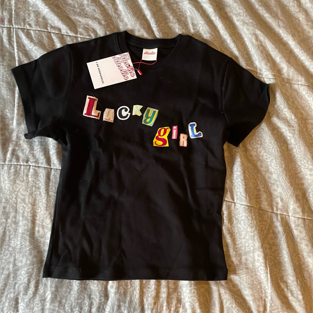 NWT Aholic Lucky Girl Black T-shirt Tee Shirt Short Sleeve Top XS
